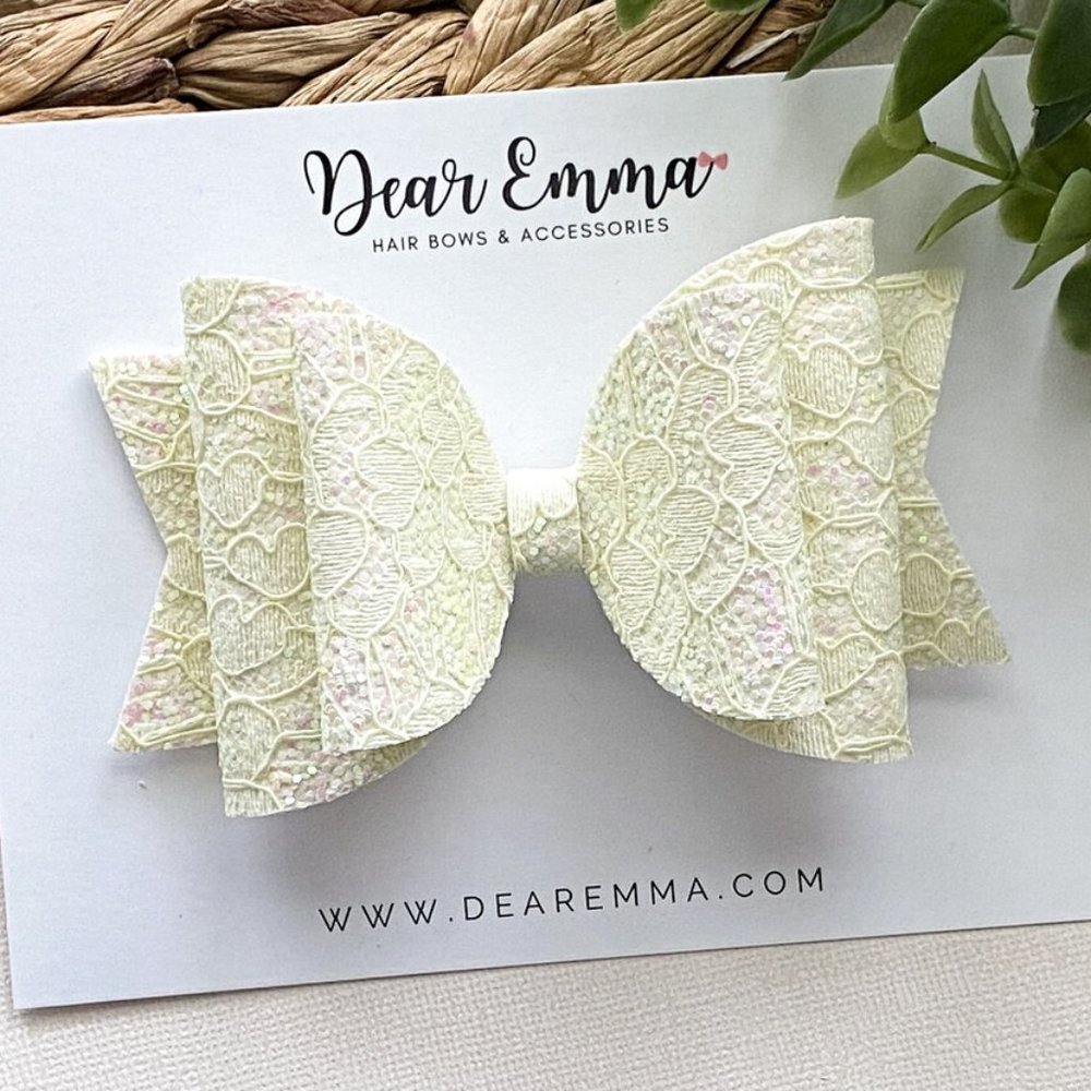 Pale Yellow Lace Glitter Hair Bow